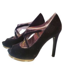 Adrianna Papell Women's Embellished Black Velvet Platform Leather Sole Heel Stil